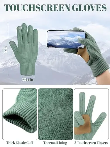 LOROME Women Winter Beanie Hat Scarf Gloves Set, Fleece Knitted Pompom Hat Warm Neck Scarf Touchscreen Gloves Winter Gift - 4