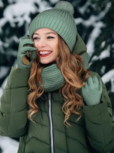 LOROME Women Winter Beanie Hat Scarf Gloves Set, Fleece Knitted Pompom Hat Warm Neck Scarf Touchscreen Gloves Winter Gift - 5