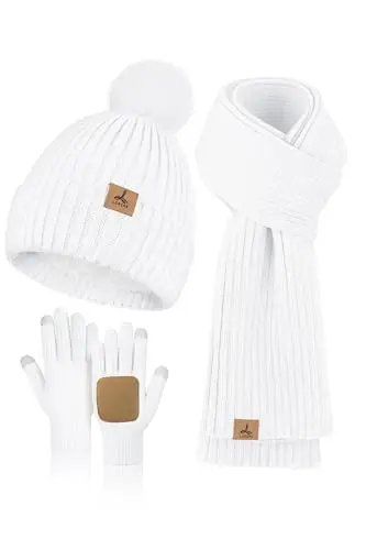 LOROME Women Winter Beanie Hat Scarf Gloves Set, Fleece Knitted Pompom Hat Warm Neck Scarf Touchscreen Gloves Winter Gift 