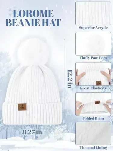 LOROME Women Winter Beanie Hat Scarf Gloves Set, Fleece Knitted Pompom Hat Warm Neck Scarf Touchscreen Gloves Winter Gift - 2
