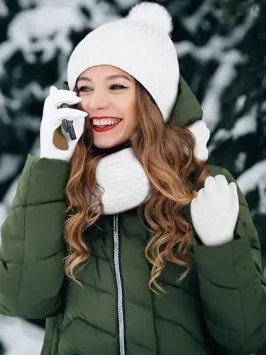 LOROME Women Winter Beanie Hat Scarf Gloves Set, Fleece Knitted Pompom Hat Warm Neck Scarf Touchscreen Gloves Winter Gift - 5