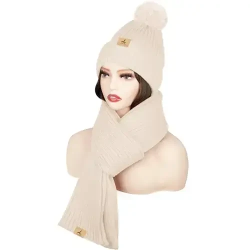 LOROME Women Winter Beanie Hat Scarf Gloves Set, Fleece Knitted Pompom Hat Warm Neck Scarf Touchscreen Gloves Winter Gift - 2