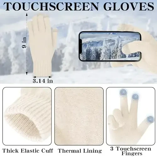 LOROME Women Winter Beanie Hat Scarf Gloves Set, Fleece Knitted Pompom Hat Warm Neck Scarf Touchscreen Gloves Winter Gift - 5