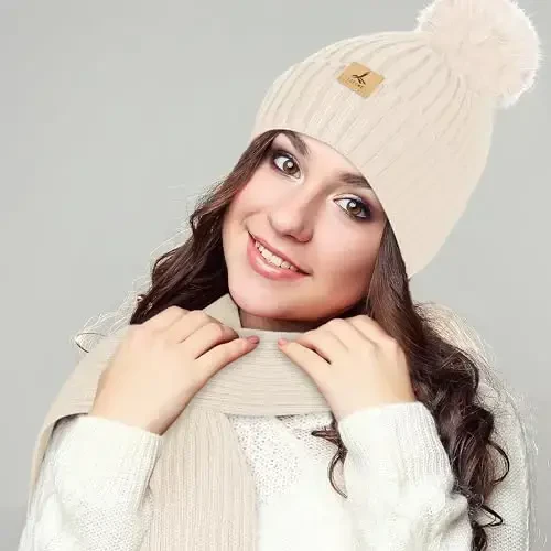 LOROME Women Winter Beanie Hat Scarf Gloves Set, Fleece Knitted Pompom Hat Warm Neck Scarf Touchscreen Gloves Winter Gift - 6