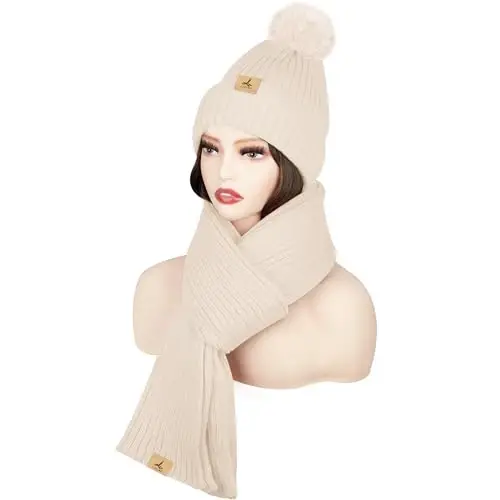 LOROME Women Winter Beanie Hat Scarf Gloves Set, Fleece Knitted Pompom Hat Warm Neck Scarf Touchscreen Gloves Winter Gift - LOROME (1)