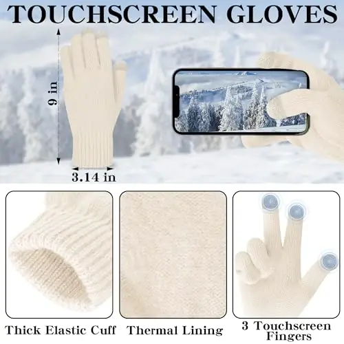 LOROME Women Winter Beanie Hat Scarf Gloves Set, Fleece Knitted Pompom Hat Warm Neck Scarf Touchscreen Gloves Winter Gift - 5