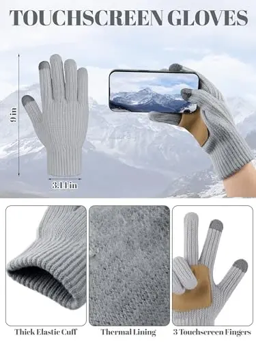 LOROME Women Winter Beanie Hat Scarf Gloves Set, Fleece Knitted Pompom Hat Warm Neck Scarf Touchscreen Gloves Winter Gift - 4