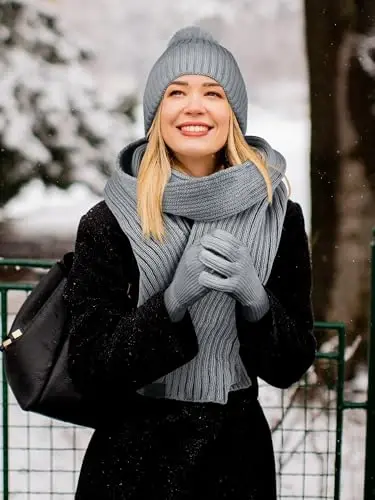 LOROME Women Winter Beanie Hat Scarf Gloves Set, Fleece Knitted Pompom Hat Warm Neck Scarf Touchscreen Gloves Winter Gift - 6