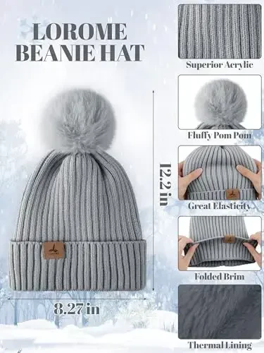 LOROME Women Winter Beanie Hat Scarf Gloves Set, Fleece Knitted Pompom Hat Warm Neck Scarf Touchscreen Gloves Winter Gift - 2
