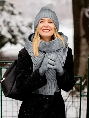 LOROME Women Winter Beanie Hat Scarf Gloves Set, Fleece Knitted Pompom Hat Warm Neck Scarf Touchscreen Gloves Winter Gift - 6