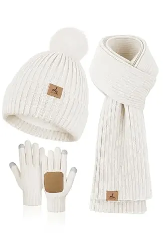 LOROME Women Winter Beanie Hat Scarf Gloves Set, Fleece Knitted Pompom Hat Warm Neck Scarf Touchscreen Gloves Winter Gift 