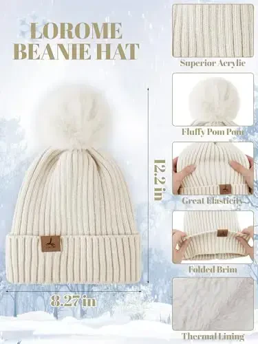 LOROME Women Winter Beanie Hat Scarf Gloves Set, Fleece Knitted Pompom Hat Warm Neck Scarf Touchscreen Gloves Winter Gift - LOROME (1)