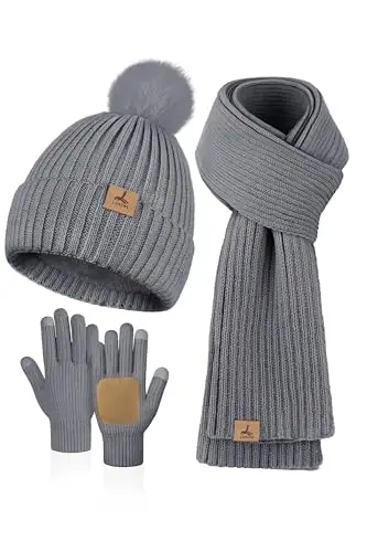 LOROME Women Winter Beanie Hat Scarf Gloves Set, Fleece Knitted Pompom Hat Warm Neck Scarf Touchscreen Gloves Winter Gift 