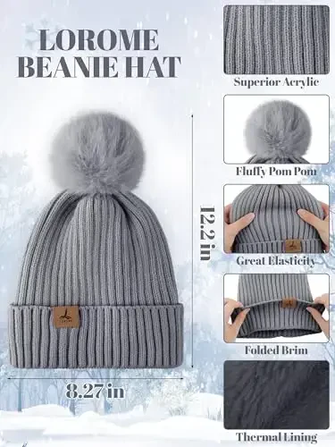 LOROME Women Winter Beanie Hat Scarf Gloves Set, Fleece Knitted Pompom Hat Warm Neck Scarf Touchscreen Gloves Winter Gift - 2