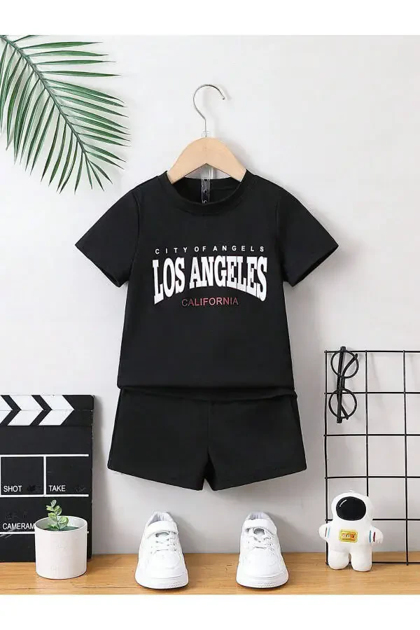 Los Angeles California Printed Cotton Kids Black Shorts T-shirt Set-Children Summer Cycling Collar - 2