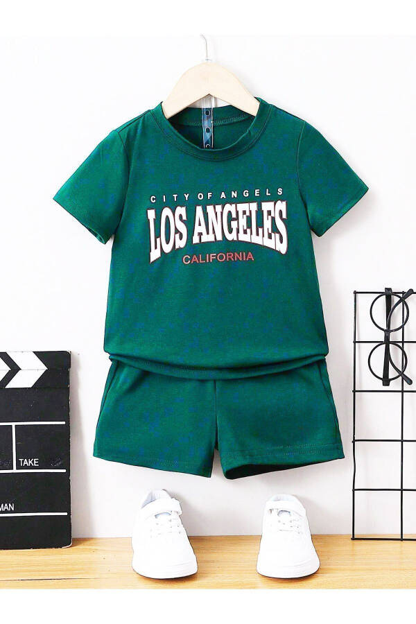 Los Angeles Cıtyofangels Baskılı Nefti Yeşil Çocuk Şort T-shirt Takım-çocuk Yazlık Bisiklet Yaka - Nefti Yeşil - 3