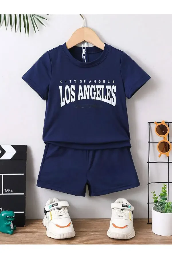 Los Angeles Cityofangels Printed Navy Blue Children's Shorts T-shirt Set - Children's Summer Bike Collar - 2