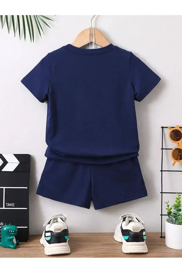 Los Angeles Cityofangels Printed Navy Blue Children's Shorts T-shirt Set - Children's Summer Bike Collar - 3