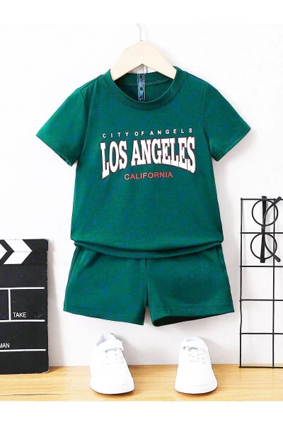 Los Angeles Cityofangels Printed Olive Green Children's Shorts T-shirt Set - Kids Summer Bike Neck - 3