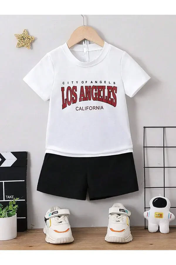 Los Angeles Kids Set - White T-shirt Black Shorts Printed Girl Boy Children Summer Polo Collar - 2