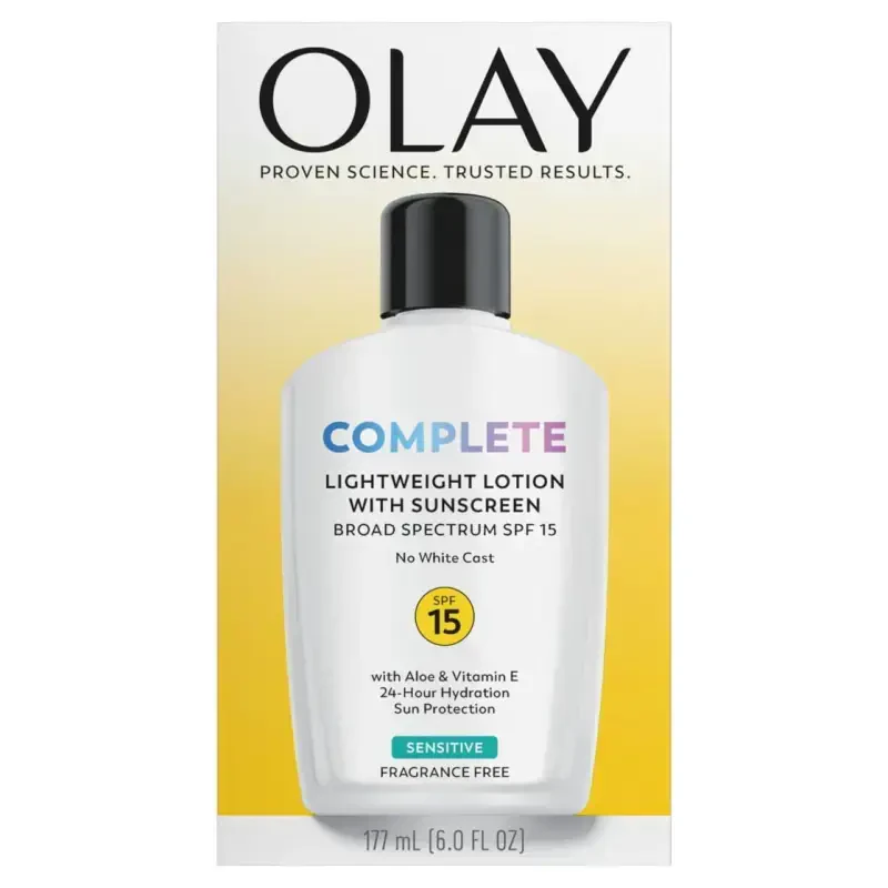 Лосьон для лица Olay с солнцезащитным кремом для чувствительной кожи, полный ежедневный увлажняющий крем для лица с SPF 15, защита от солнца, 6 жидких унций - 10