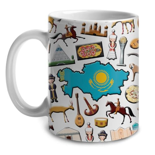 Lotacy Kazakhstan Symbols Coffee Mug With Map Flag, Kazakhstan Flag Ceramic Mug 11 oz Coffee Mug, Kazakhstan Souvenir and Gifts, Gift Idea for Kazakh Men and Women - 2