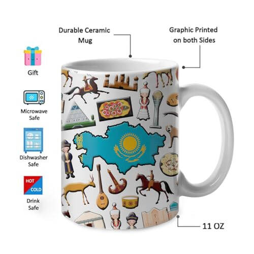 Lotacy Kazakhstan Symbols Coffee Mug With Map Flag, Kazakhstan Flag Ceramic Mug 11 oz Coffee Mug, Kazakhstan Souvenir and Gifts, Gift Idea for Kazakh Men and Women - 3