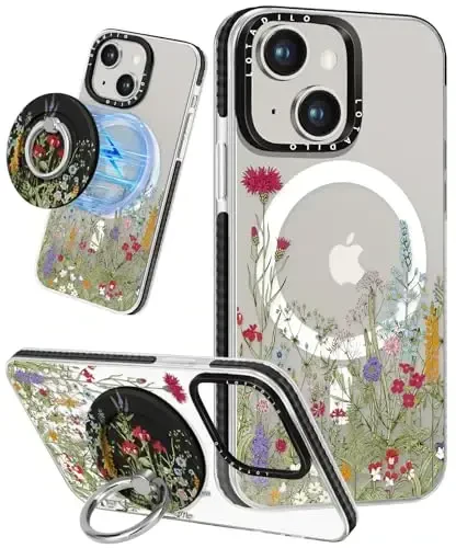 Lotadilo for iPhone 15 Case for Women - Girls Kawaii Design Compatible with Magsafe Magnetic Ring Holder Stand Flowers Plants Phone Covers Aesthetic Girly TPU Funda for 15 