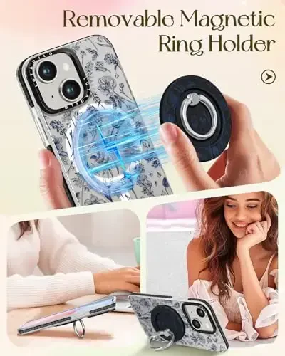 Lotadilo for iPhone 15 Case for Women - Girls Kawaii Design Compatible with Magsafe Magnetic Ring Holder Stand Line Flower Phone Covers Aesthetic Girly TPU Funda for 15 - 4