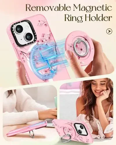 Lotadilo for iPhone 15 Case for Women - Girls Kawaii Design Compatible with Magsafe Magnetic Ring Holder Stand Peach Blossom Phone Covers Aesthetic Girly TPU Funda for 15 - 4