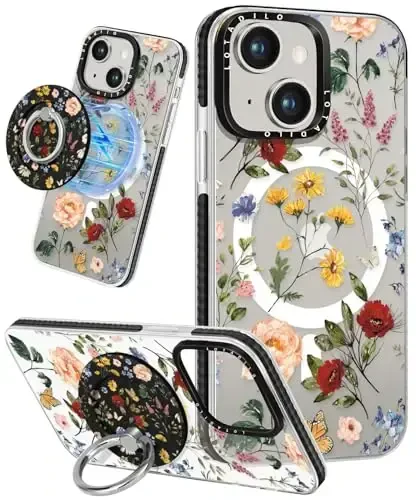 Lotadilo for iPhone 15 Case for Women - Girls Kawaii Design Compatible with Magsafe Magnetic Ring Holder Stand Retro Flower Phone Covers Aesthetic Girly TPU Funda for 15 - LOTADILO