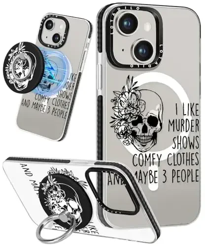 Lotadilo for iPhone 15 Case for Women - Girls Kawaii Design Compatible with Magsafe Magnetic Ring Holder Stand Skull Skeleton Phone Covers Aesthetic Girly TPU Funda for 15 