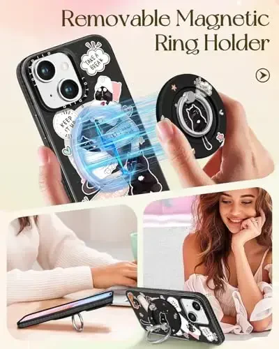 Lotadilo for iPhone 15 Plus Case for Women - Girls Kawaii Design Compatible with Magsafe Magnetic Ring Holder Stand Black Cat Phone Covers Aesthetic Girly TPU Funda for 15 Plus - 4