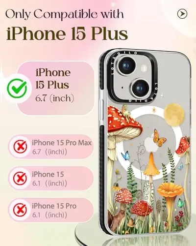 Lotadilo for iPhone 15 Plus Case for Women - Girls Kawaii Design Compatible with Magsafe Magnetic Ring Holder Stand Mushrooms Butterflies Phone Covers Aesthetic Girly TPU Funda for 15 Plus - 3