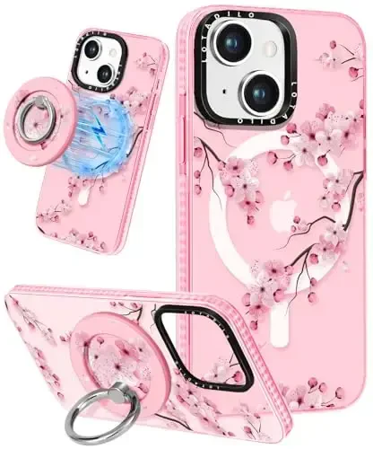 Lotadilo for iPhone 15 Plus Case for Women - Girls Kawaii Design Compatible with Magsafe Magnetic Ring Holder Stand Peach Blossom Phone Covers Aesthetic Girly TPU Funda for 15 Plus 