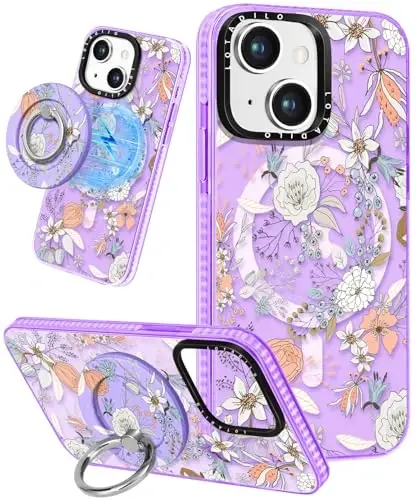 Lotadilo for iPhone 15 Plus Case for Women - Girls Kawaii Design Compatible with Magsafe Magnetic Ring Holder Stand Purple Flower Floral Phone Covers Aesthetic Girly TPU Funda for 15 Plus 