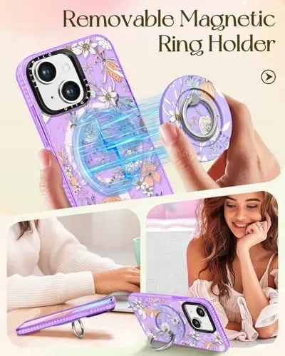 Lotadilo for iPhone 15 Plus Case for Women - Girls Kawaii Design Compatible with Magsafe Magnetic Ring Holder Stand Purple Flower Floral Phone Covers Aesthetic Girly TPU Funda for 15 Plus - 4