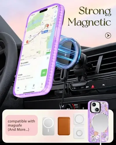 Lotadilo for iPhone 15 Plus Case for Women - Girls Kawaii Design Compatible with Magsafe Magnetic Ring Holder Stand Purple Flower Floral Phone Covers Aesthetic Girly TPU Funda for 15 Plus - 5