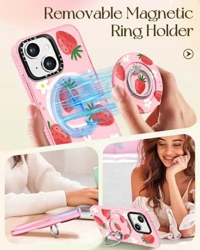 Lotadilo for iPhone 15 Plus Case for Women - Girls Kawaii Design Compatible with Magsafe Magnetic Ring Holder Stand Strawberry Flower Phone Covers Aesthetic Girly TPU Funda for 15 Plus - 4