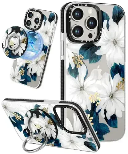 Lotadilo for iPhone 15 Pro Case for Women - Girls Kawaii Design Compatible with Magsafe Magnetic Ring Holder Stand Blue Flower Phone Covers Aesthetic Girly TPU Funda for 15 Pro - 1