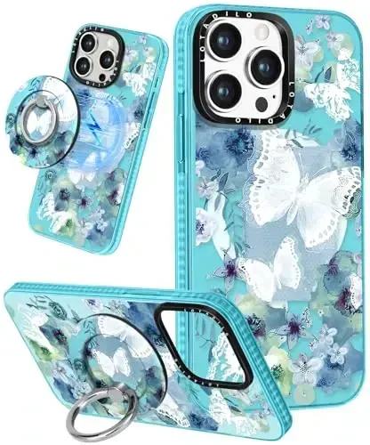 Lotadilo for iPhone 15 Pro Case for Women - Girls Kawaii Design Compatible with Magsafe Magnetic Ring Holder Stand Butterfly Phone Covers Aesthetic Girly TPU Funda for 15 Pro - 1