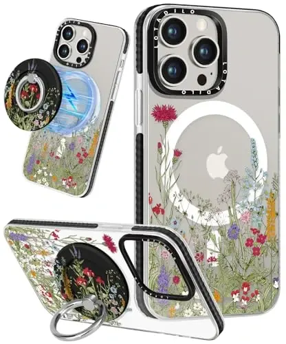 Lotadilo for iPhone 15 Pro Case for Women - Girls Kawaii Design Compatible with Magsafe Magnetic Ring Holder Stand Flowers Plants Phone Covers Aesthetic Girly TPU Funda for 15 Pro - LOTADILO
