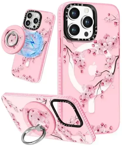 Lotadilo for iPhone 15 Pro Case for Women - Girls Kawaii Design Compatible with Magsafe Magnetic Ring Holder Stand Peach Blossom Phone Covers Aesthetic Girly TPU Funda for 15 Pro - LOTADILO