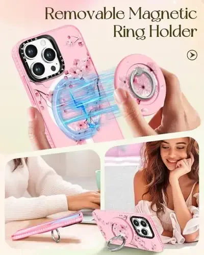 Lotadilo for iPhone 15 Pro Case for Women - Girls Kawaii Design Compatible with Magsafe Magnetic Ring Holder Stand Peach Blossom Phone Covers Aesthetic Girly TPU Funda for 15 Pro - 4