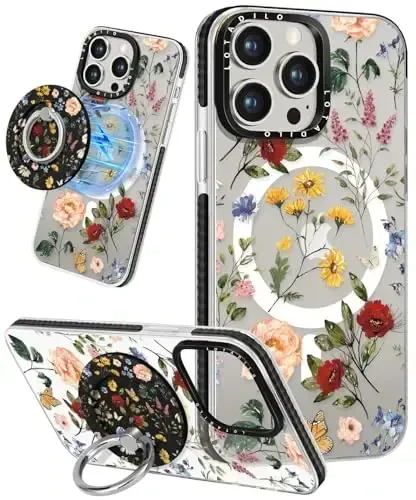 Lotadilo for iPhone 15 Pro Case for Women - Girls Kawaii Design Compatible with Magsafe Magnetic Ring Holder Stand Retro Flower Phone Covers Aesthetic Girly TPU Funda for 15 Pro - 1
