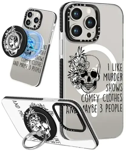 Lotadilo for iPhone 15 Pro Case for Women - Girls Kawaii Design Compatible with Magsafe Magnetic Ring Holder Stand Skull Skeleton Phone Covers Aesthetic Girly TPU Funda for 15 Pro - 1