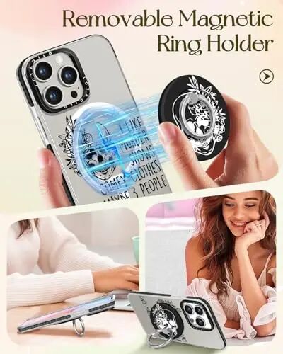 Lotadilo for iPhone 15 Pro Case with Stand, Skull Skeleton | Compatible with Magsafe, Magnetic Ring Holder, Cute Girly Pattern, Phone Cover for Women Teen Girls, TPU Bumper Protection - 4