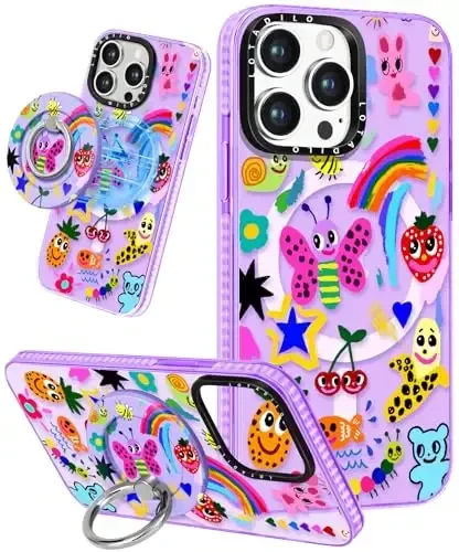 Lotadilo for iPhone 15 Pro Max Case for Women - Cute Kawaii Design Girls Compatible with Magsafe Magnetic Ring Holder Stand Art Crayon Painting Phone Covers Aesthetic Girly TPU Funda for 15 Pro Max - LOTADILO
