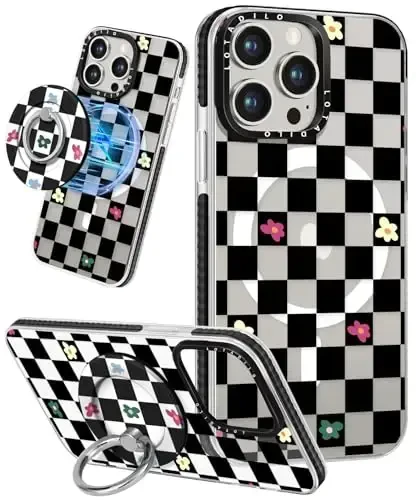 Lotadilo for iPhone 15 Pro Max Case for Women - Cute Kawaii Design Girls Compatible with Magsafe Magnetic Ring Holder Stand Black Flower Phone Covers Aesthetic Girly TPU Funda for 15 Pro Max 
