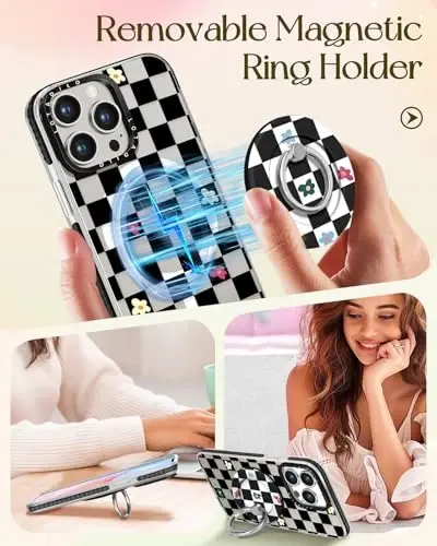 Lotadilo for iPhone 15 Pro Max Case for Women - Cute Kawaii Design Girls Compatible with Magsafe Magnetic Ring Holder Stand Black Flower Phone Covers Aesthetic Girly TPU Funda for 15 Pro Max - 4